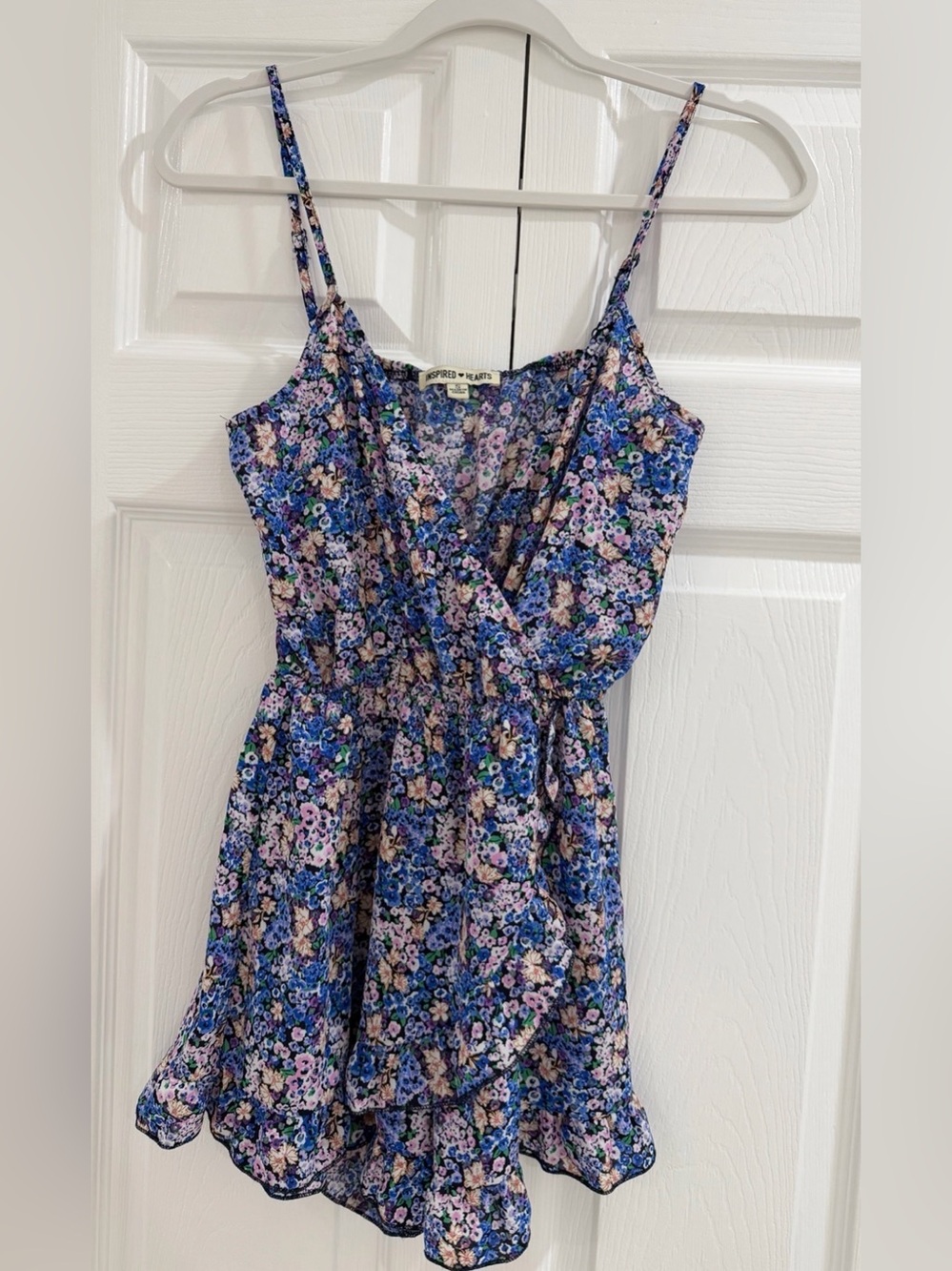 Inspired Hearts Blue & Pink Floral Ruffle Wrap Romper